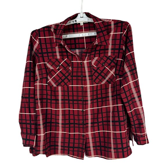 Notations Womens Button Down Long Sleeve Plaid Shirt Size 1X Red Black Check - Picture 1 of 4